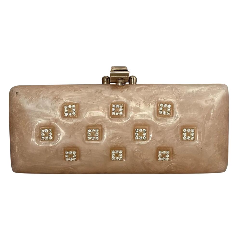 Vintage Champagne Marbled Lucite Clutch Rhinestone Inset Box Purse